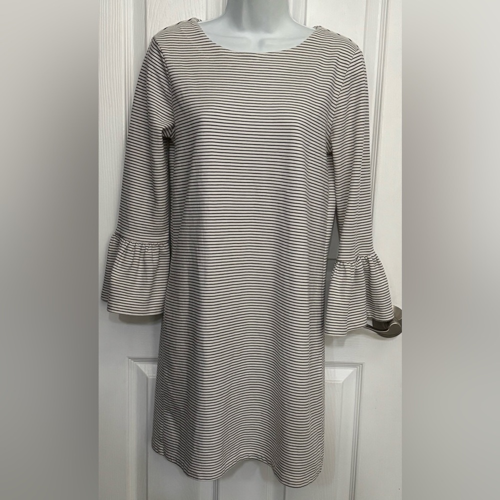 womens J Crew black/white striped shift dress w/ bell sleeves - sz S